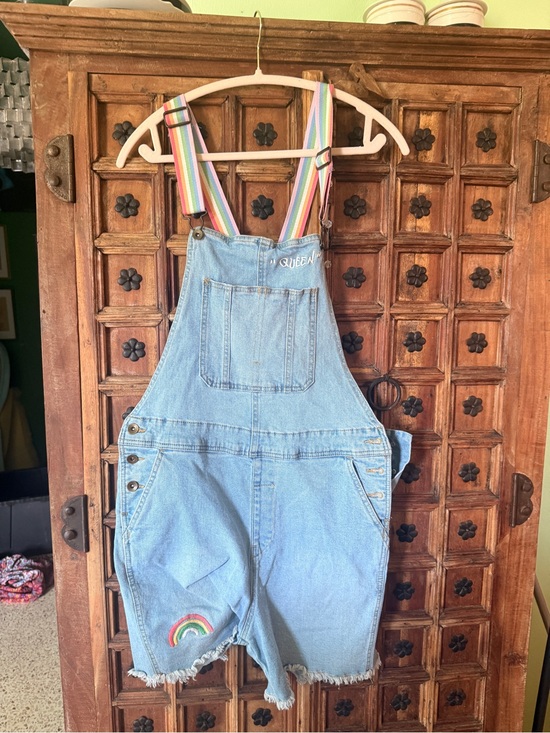 Denim - vintage Light Blue Denim Short Overalls with Rainbow Straps